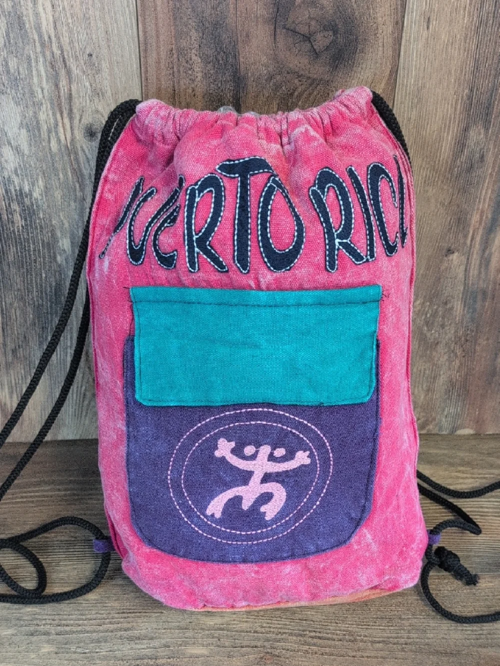 Puerto Rico Pink Drawstring Shoulder Bag with Teal Pocket AB165